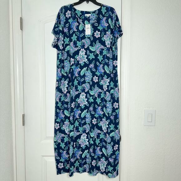 NWT $119 J. Jill Split-Neck Floral Blue Maxi Dress Women’s XL - Picture 5 of 8